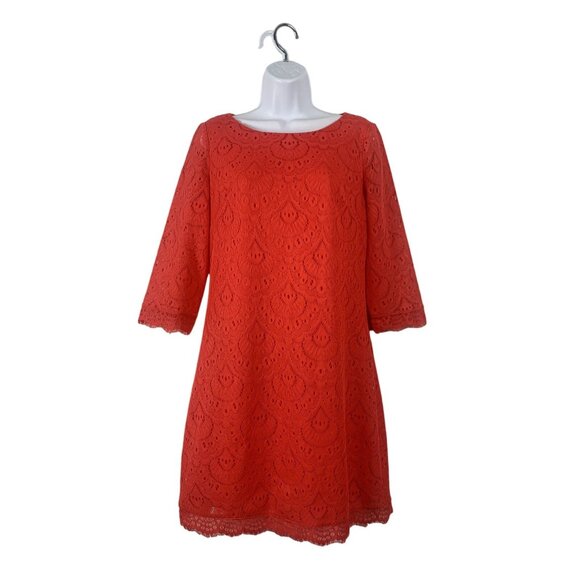 London Times Red Eyelet Lace Shift Dress Boat Neck 3/4 Sleeves Size 8 Petite - Picture 2 of 12